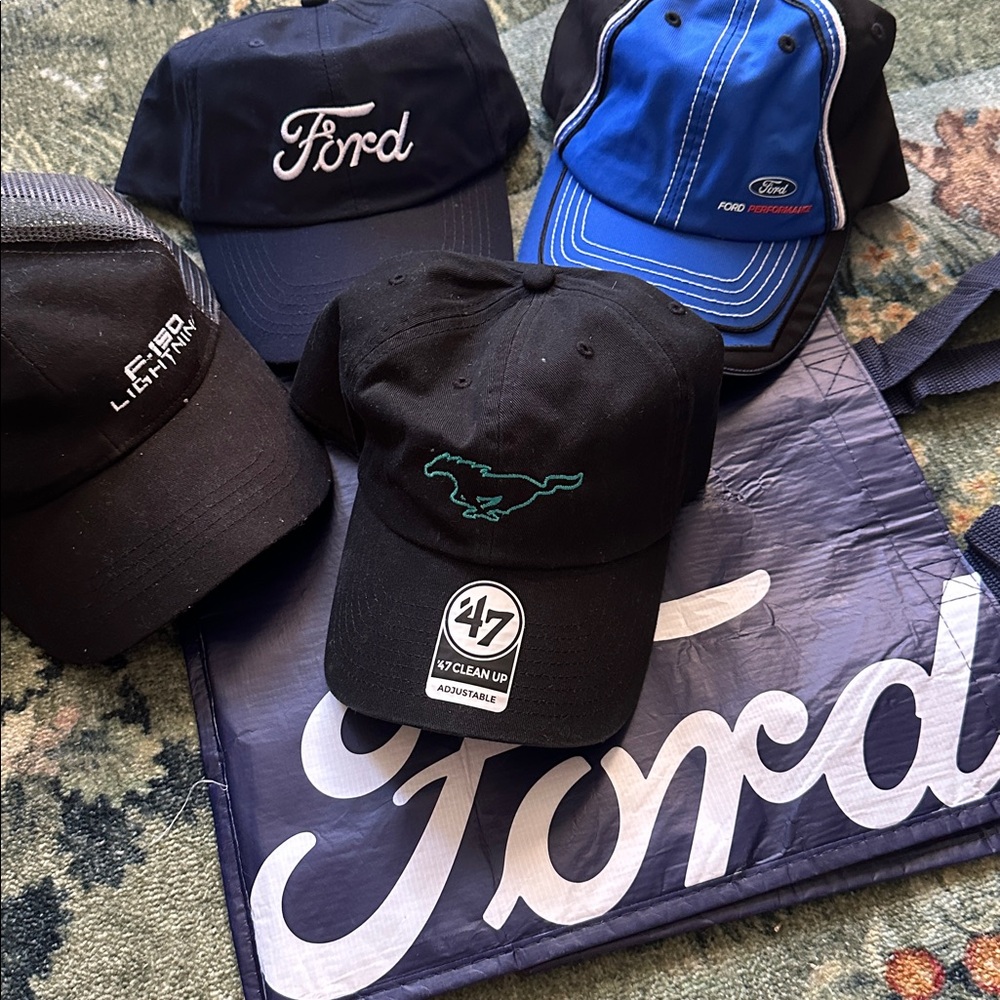 4 Ford Branded Caps in Black, Navy, and Blue